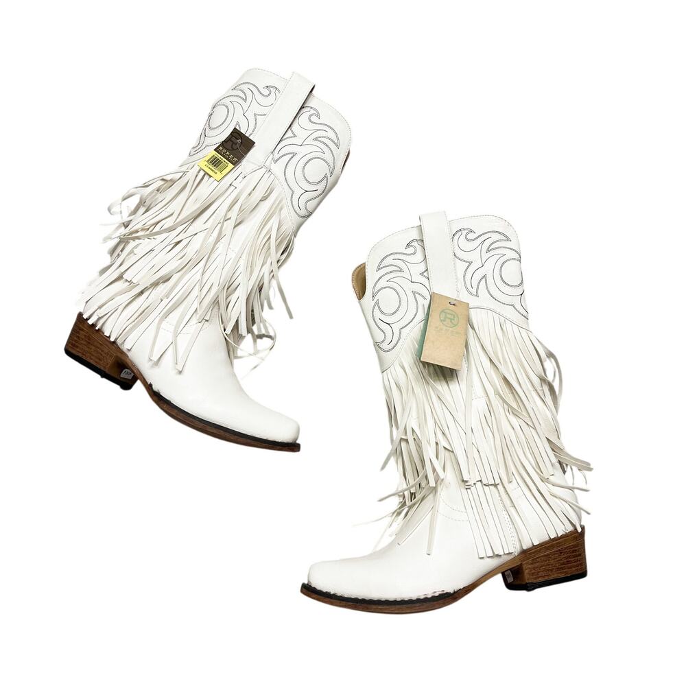 NEW Roper | White Fringe Western Cowboy Boots Faux Leather Womens Size 6.5 NWT